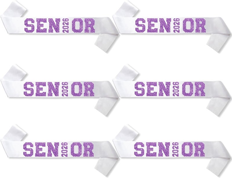 Partyprops 6Pcs White Senior 2026 Satin Sashes with Purple Glitter Letters Senior 2026 Decorations- 2026 Graduation Celebrations Senior Cheer Sash - Cheerleader Sash - Class Competition Sashes - Image 1